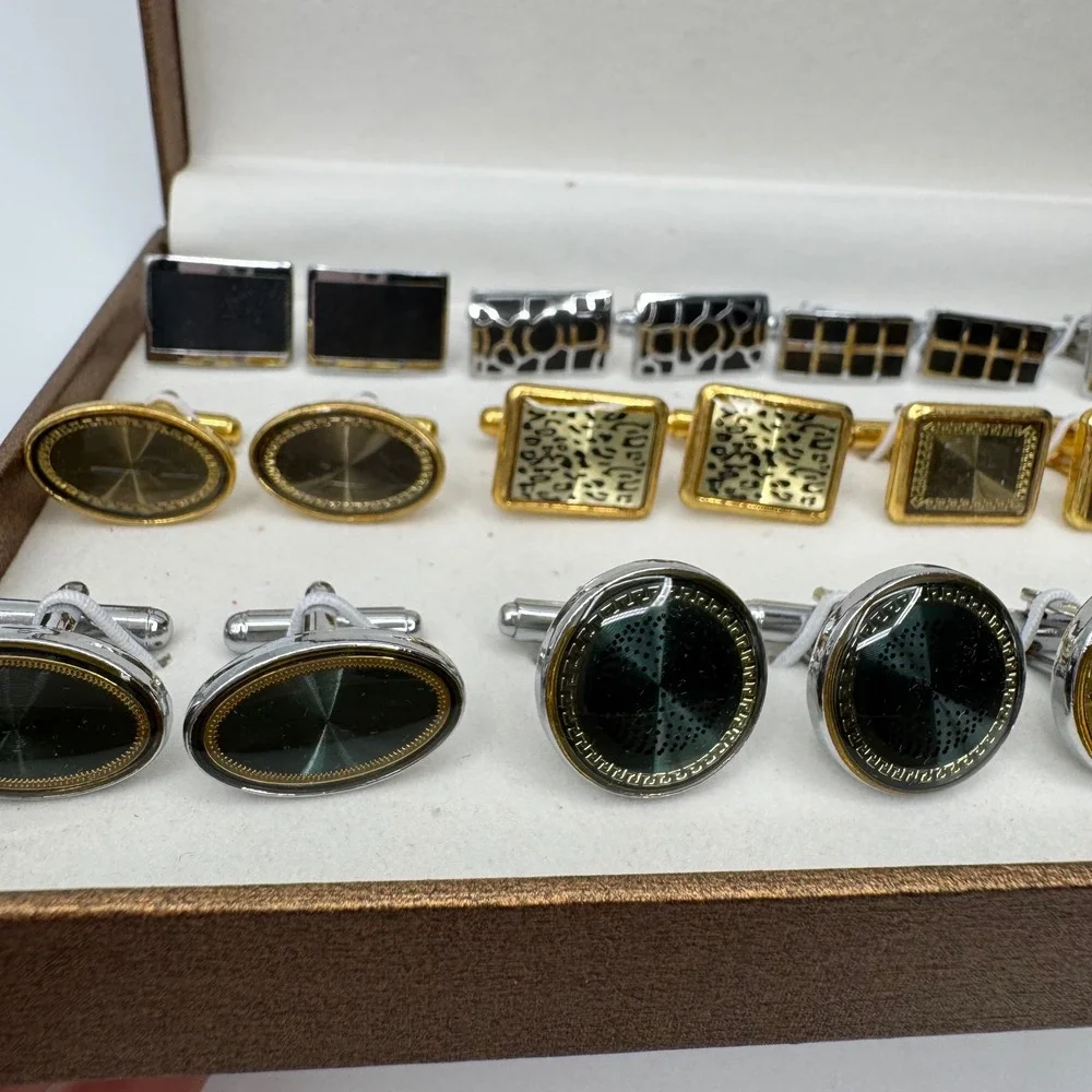 Vintage Mens Cufflinks Set 12 Pairs Geometric Animal Print Gold Silver Tone Box